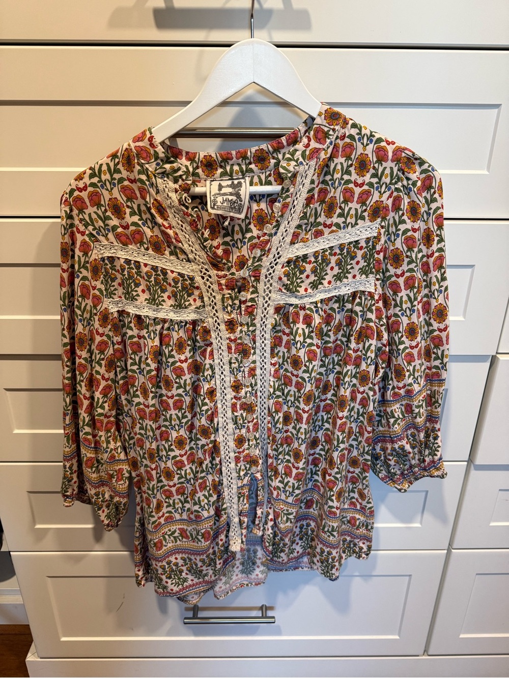 Women's Bohemian Floral Crochet-Trim Blouse - Ivory with Red & Green